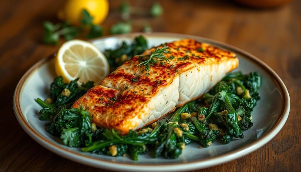 Mediterranean salmon and greens