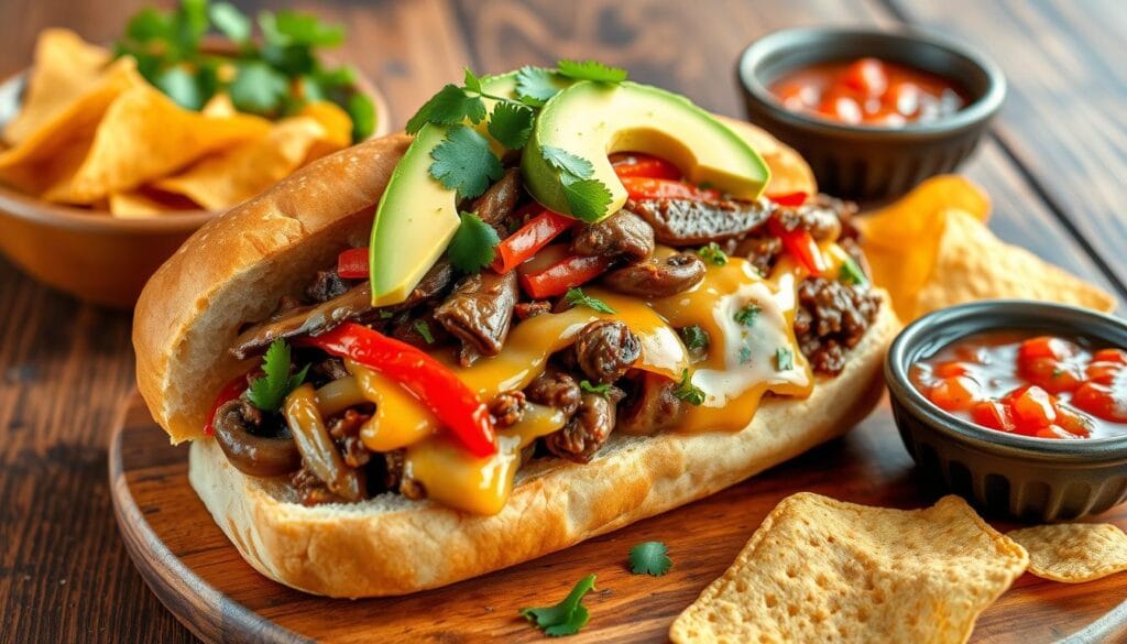 Tex-Mex vegetarian cheesesteak sandwich