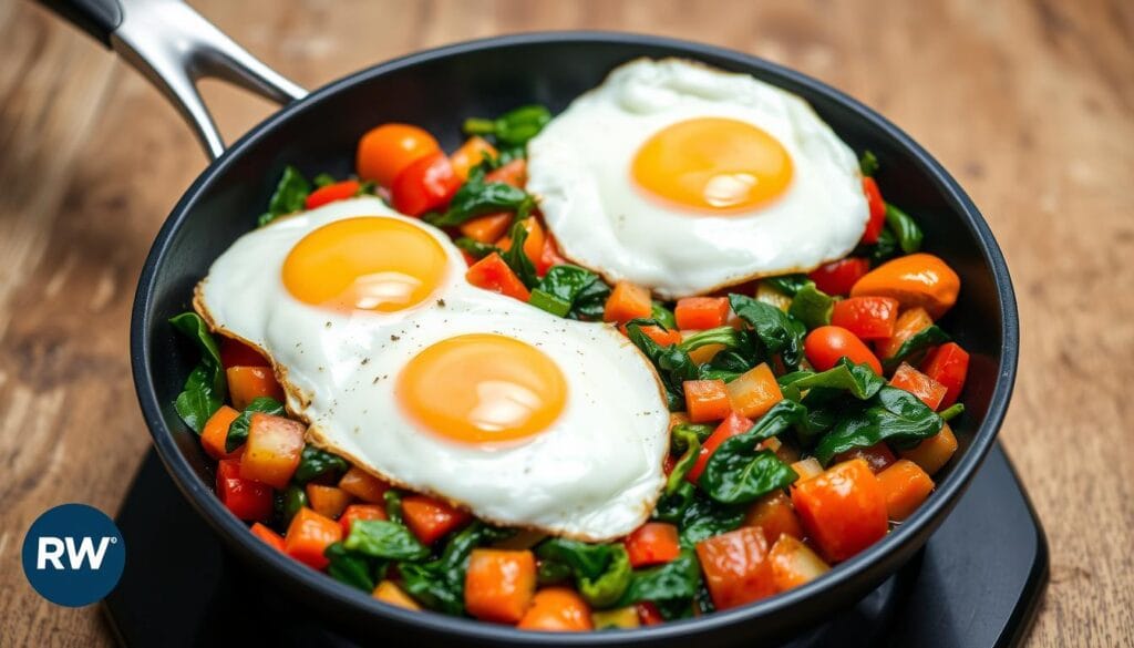 Vegetarian breakfast options with eggs and veggies